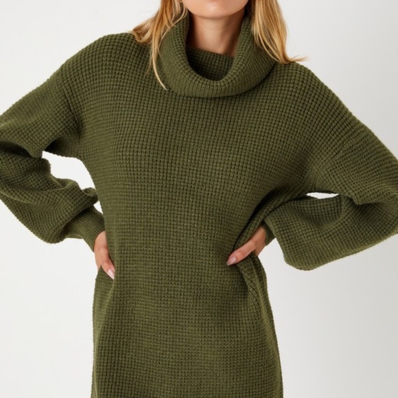 Lulus Casual Coziness Olive Green Waffle Knit Cowl Neck Sweater Dress - Size S - Picture 1 of 1
